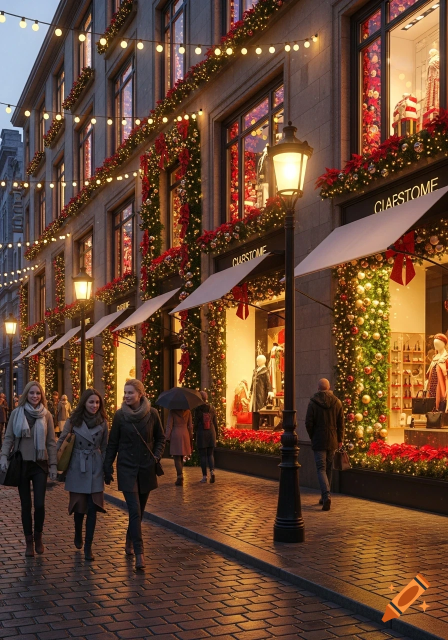 A festive city street at dusk, decorated with Christmas lights and garlands. Pedestrians walk past store windows displaying holiday cheer.