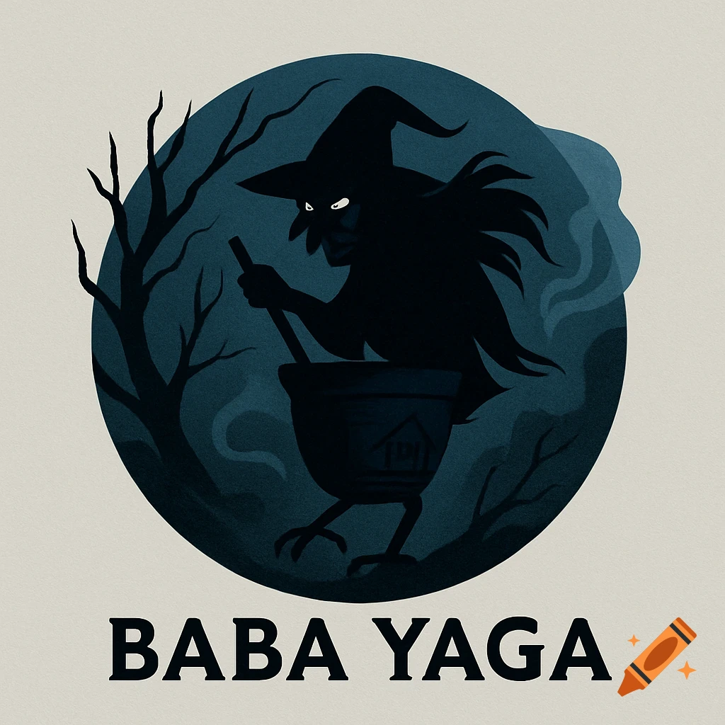 A stylized illustration of Baba Yaga, a witch stirring a cauldron on chicken legs, within a dark blue circle framed by bare trees. The text "BABA YAGA" is below.