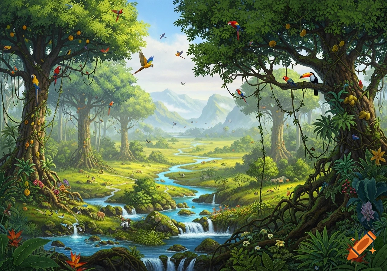 A vibrant, highly detailed tropical jungle landscape with a winding river, waterfalls, lush trees, and colorful exotic birds.