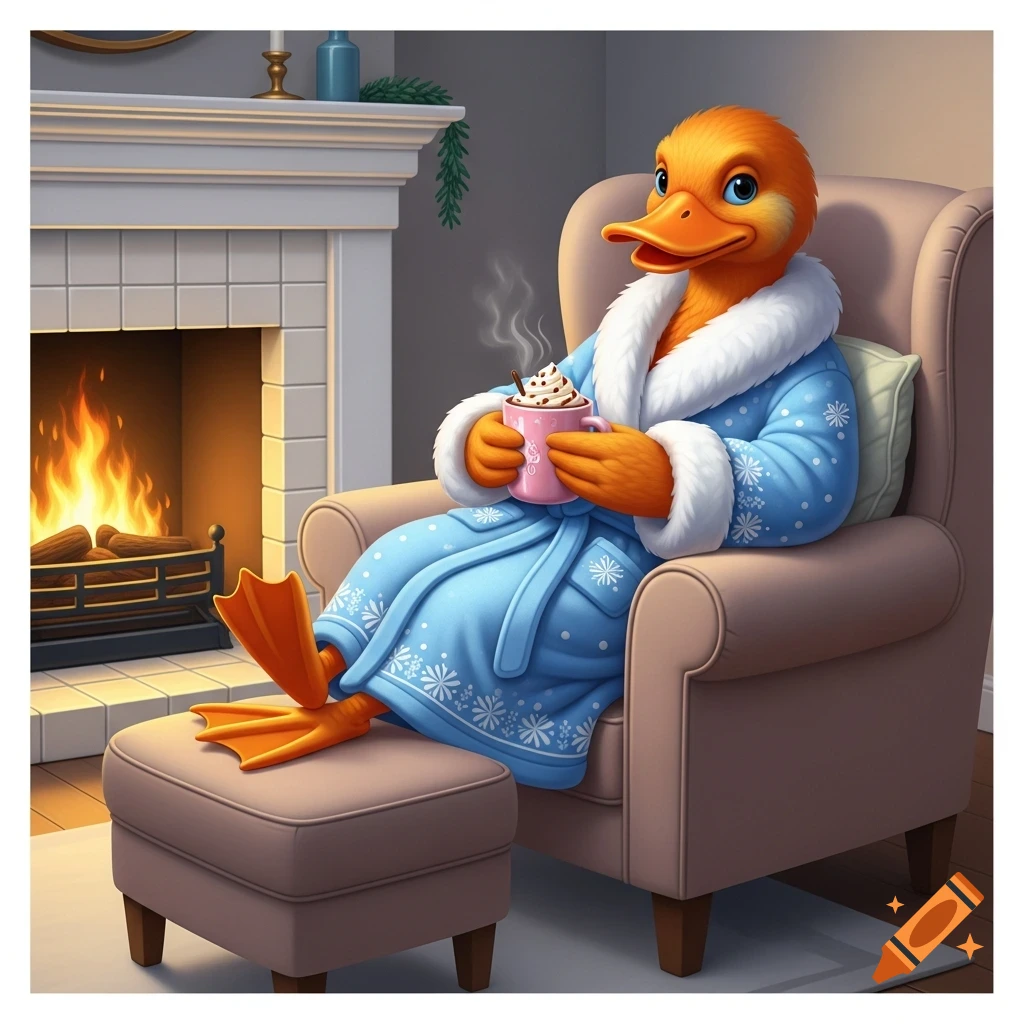 A cartoon orange duck in a blue robe sits by a fireplace, holding hot cocoa, with webbed feet on a footstool.