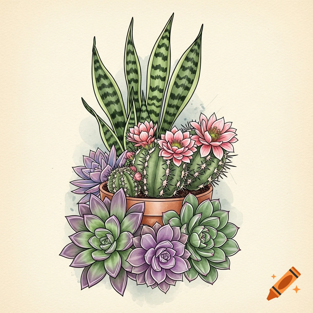 A vibrant watercolor illustration of a potted arrangement featuring flowering cacti, diverse succulents, and snake plants on a textured background.