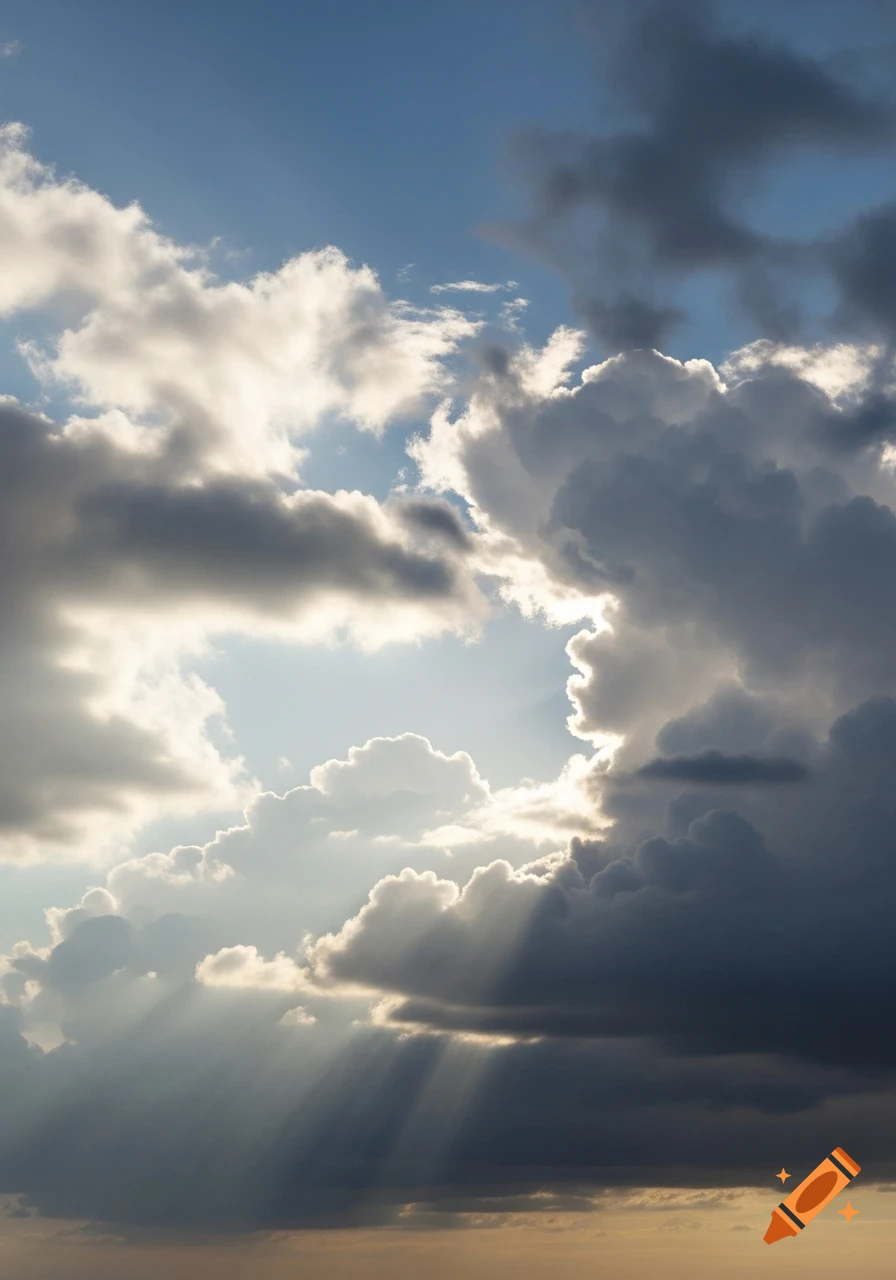 Realistic view of a cloudy sky with sun rays breaking through dramatic dark and bright clouds.