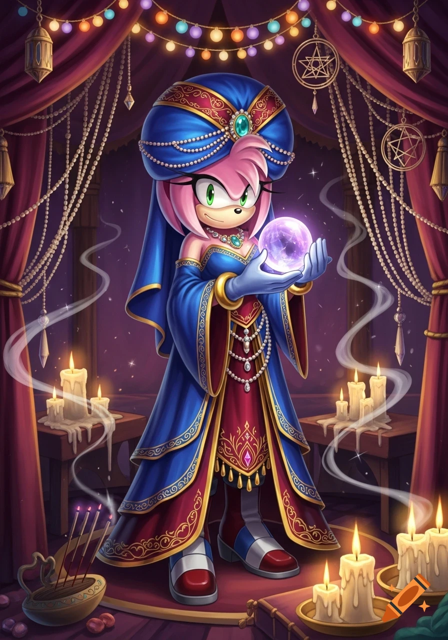 Amy Rose from Sonic the Hedgehog as a fortune teller, holding a glowing crystal ball in a richly decorated tent with candles and incense.