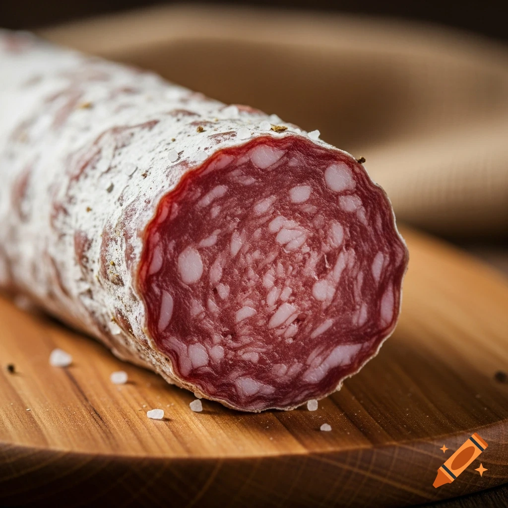 Close-up of a sliced cured sausage (fuet) with white mold and seasonings on a wooden board.