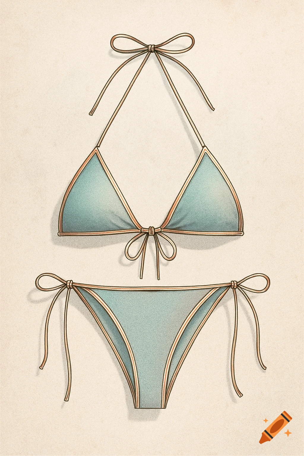 A stylized tech pack illustration of a light blue triangle bikini with thin gold trims and straps, tied with bows.