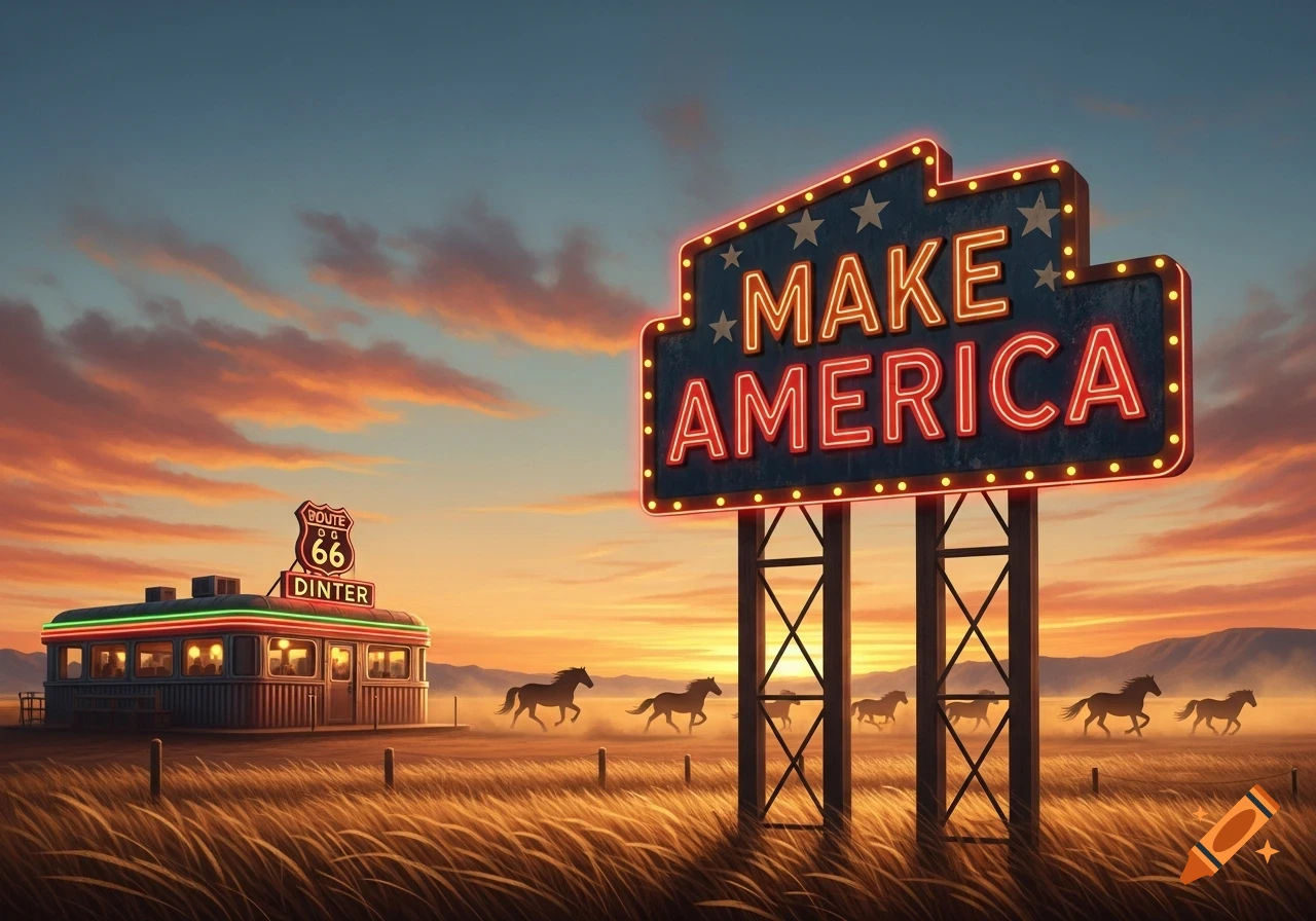 A neon sign displaying "MAKE AMERICA" stands tall in a grassy field at sunset, with a retro diner and horses in the background.