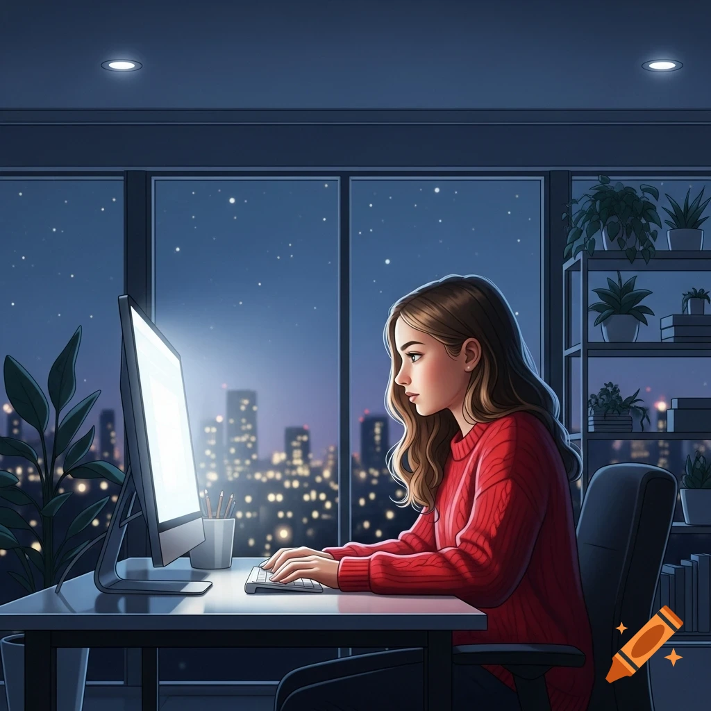 A digital illustration of a young woman in a red sweater typing on a computer at a desk, with a city skyline at night visible outside a window.