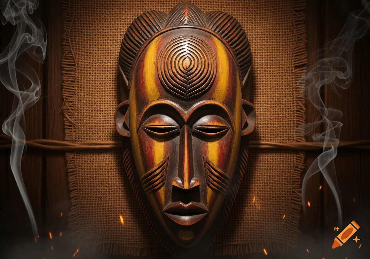 A carved wooden African mask with red, yellow, and brown stripes, against a rustic fabric and wood background with smoke.