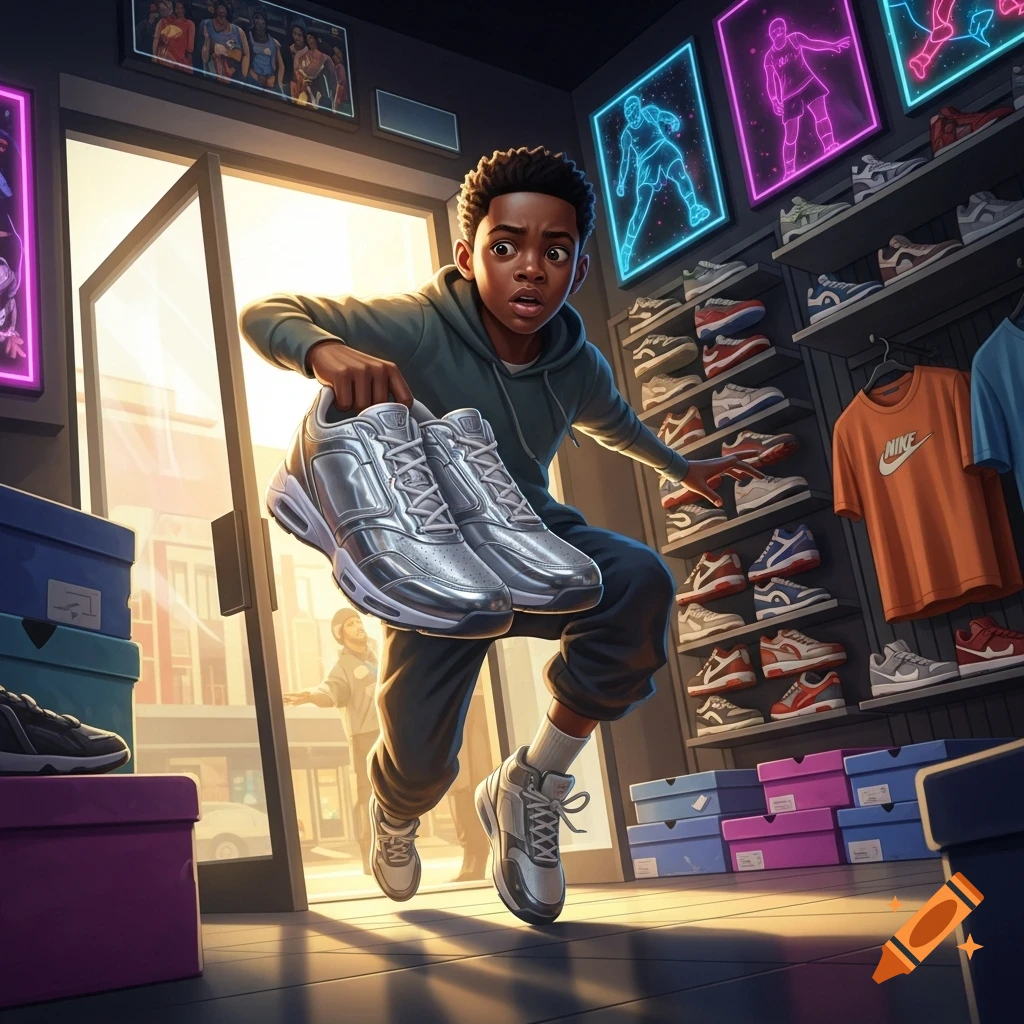 A cartoon black boy runs out of a sports store, holding a pair of silver shoes, with shelves of sneakers and neon signs visible.