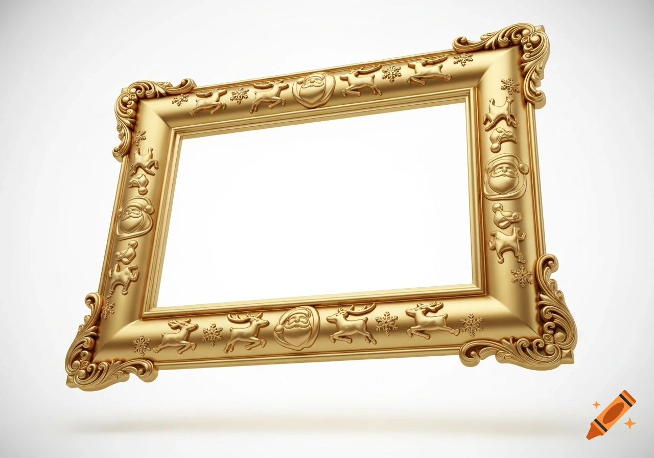 A golden ornate rectangular picture frame with Santa Claus, reindeer, and snowflake carvings on a white background.