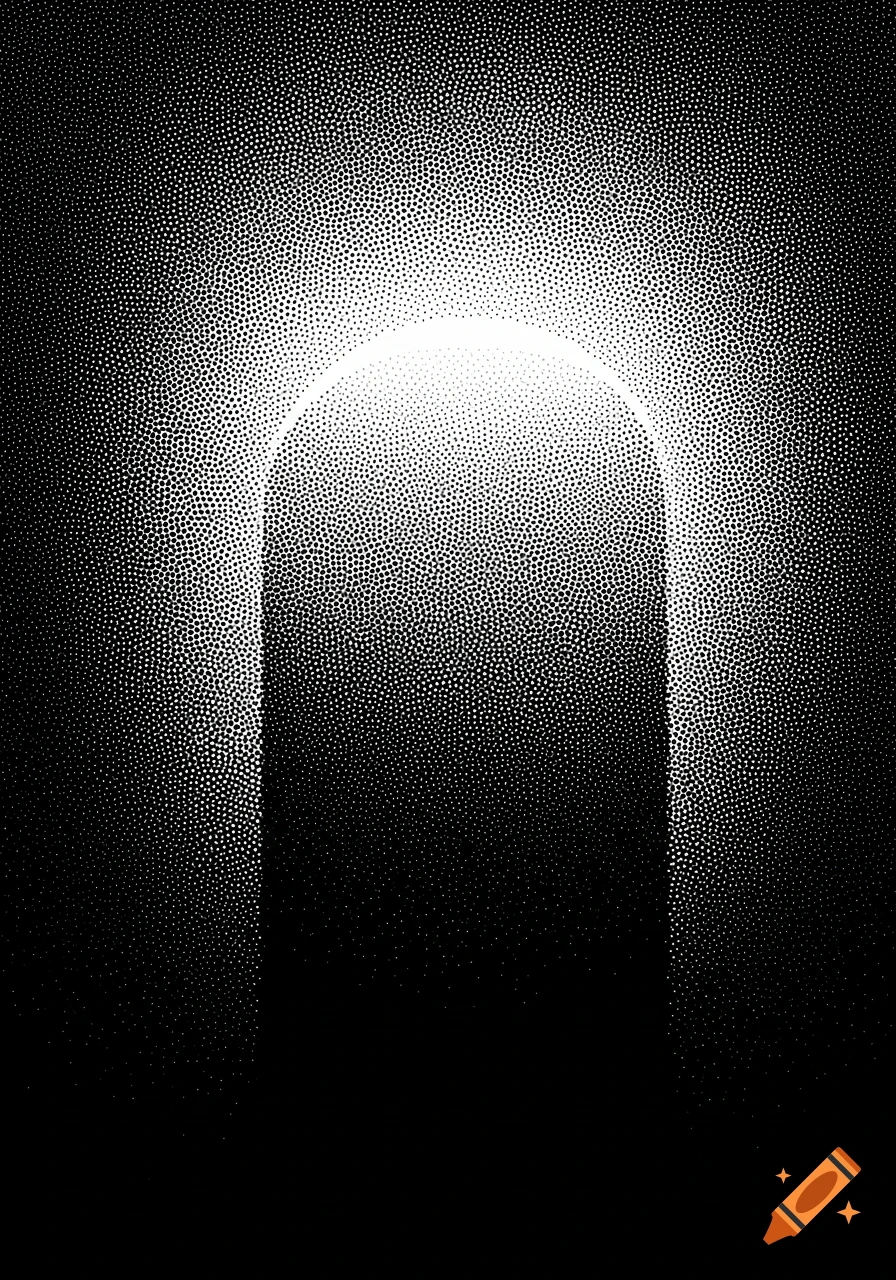 Abstract black and white stipple art with a glowing rounded arch shape fading into a dark, dotted background.