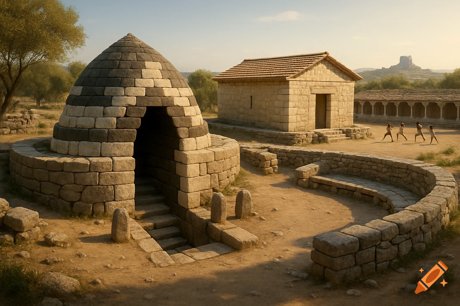 A photorealistic depiction of an ancient Bronze Age sanctuary with a conical tholos dome building and a rectangular stone temple under a clear sky. Four small figures walk in a dusty open area surrounded by low stone walls and trees.