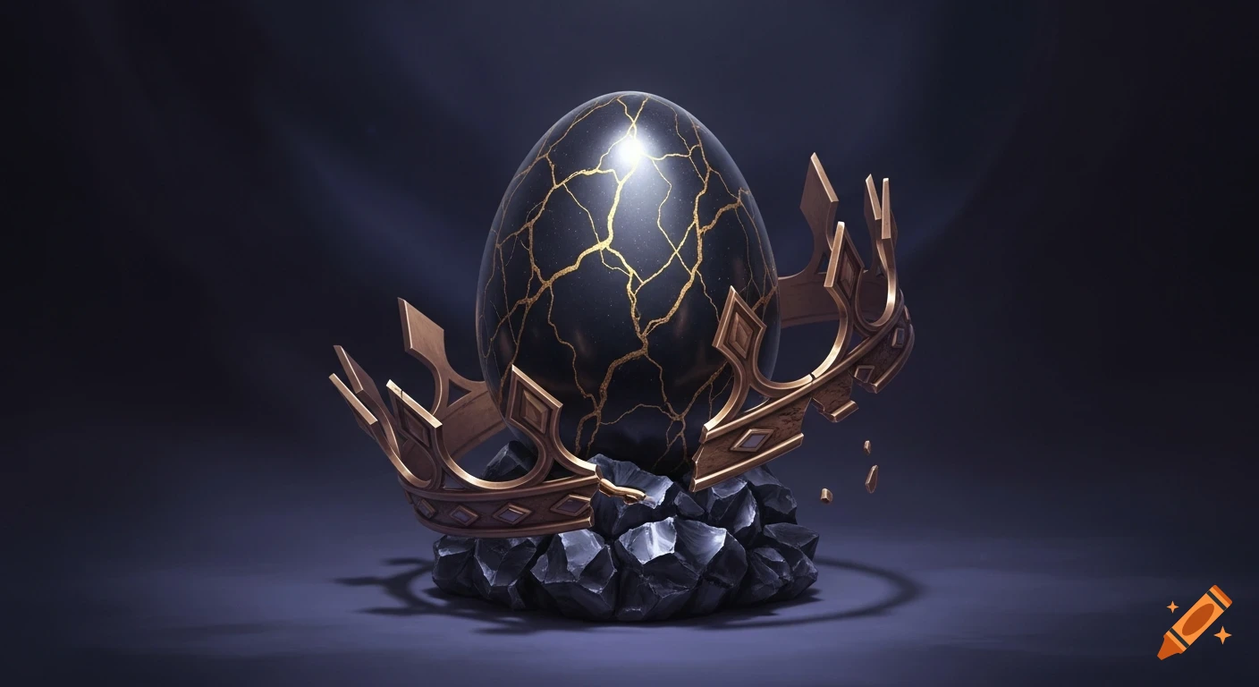 A cracked black egg veined with gold, encircled by a broken gold crown, rests on dark obsidian rocks in a painterly style with rimlight.