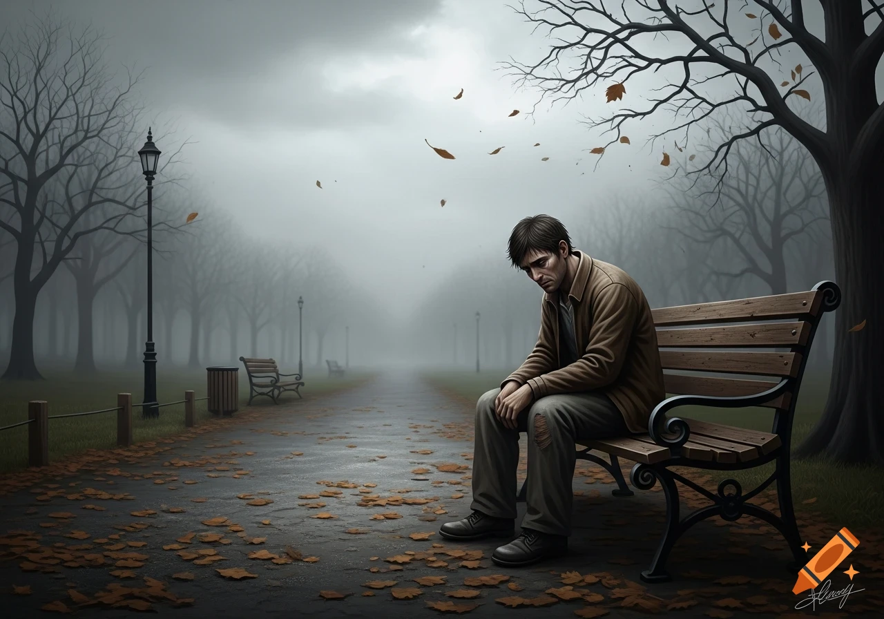 A sad man sits alone on a park bench in a foggy, melancholic autumn park with bare trees and fallen leaves.