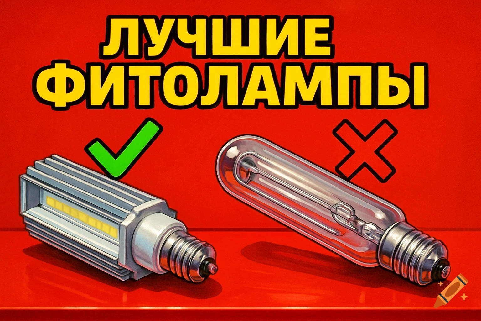 Two plant grow lights, an LED with a green checkmark and a traditional bulb with a red cross, on a red background. Russian text 'BEST PLANT LIGHTS' above.