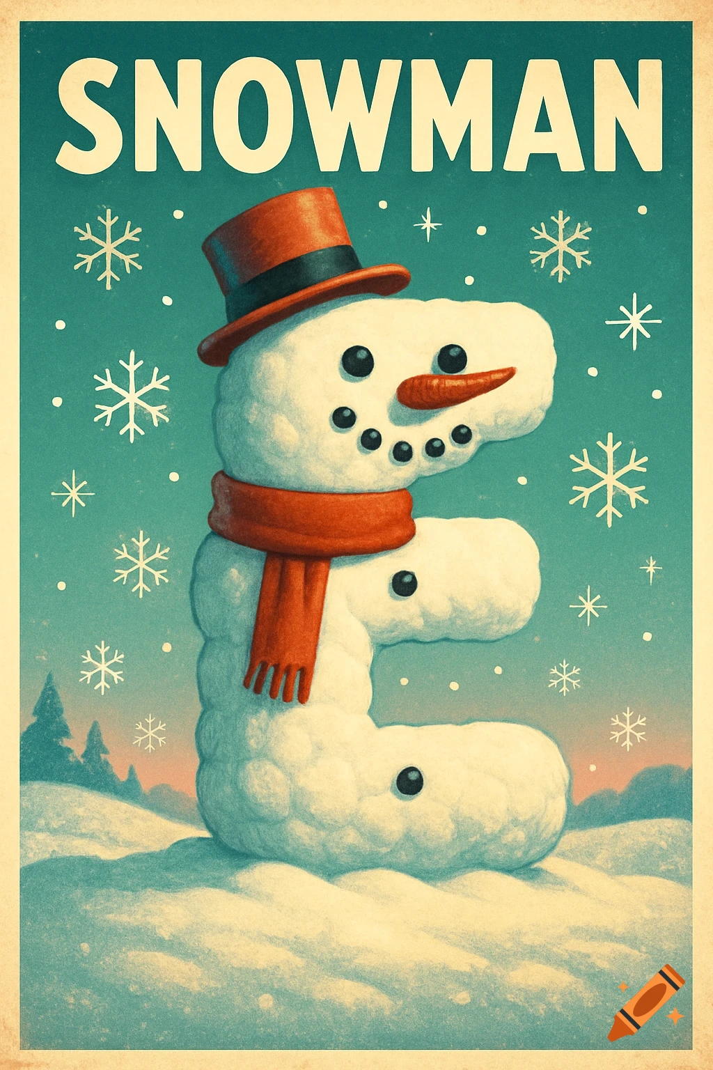 Retro poster of a snowman shaped like the letter E, wearing a top hat and scarf, with snowflakes and pine trees.