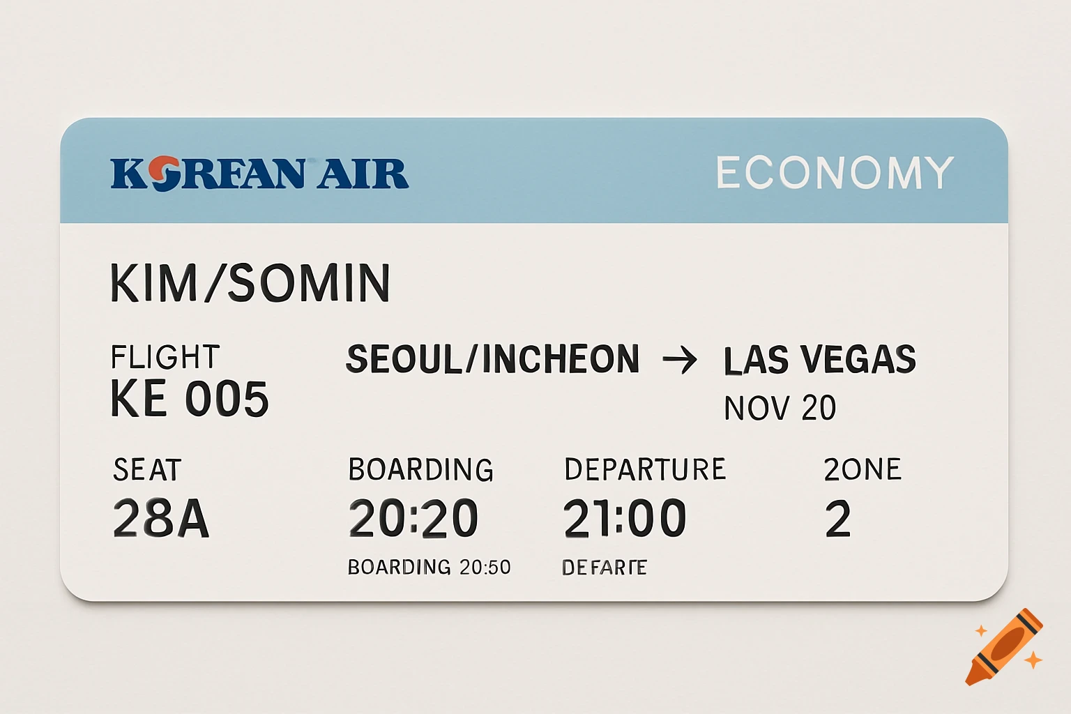 A close-up, top-down shot of a stylized Korean Air boarding pass, displaying passenger name KIM/SOMIN, flight KE 005 from Seoul/Incheon to Las Vegas, departure on Nov 20, seat 28A, boarding at 20:20, and departure at 21:00.