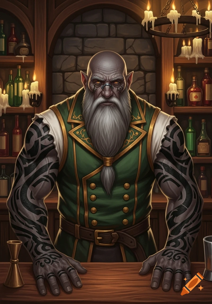An elderly, bald, grey-skinned fantasy bartender with a long white beard and tribal tattoos, standing behind a wooden bar in a tavern.