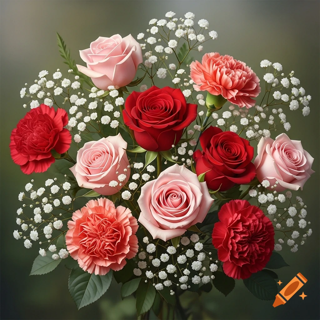 A vibrant bouquet features red and pink roses, red and peach carnations, and white baby's breath, set against a soft green background.