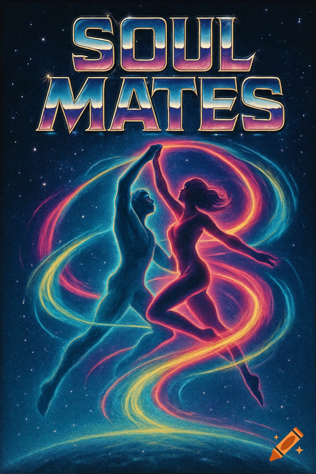 A retro-style album cover with "SOUL MATES" text above two glowing, stylized figures dancing amidst swirling cosmic light and stars.