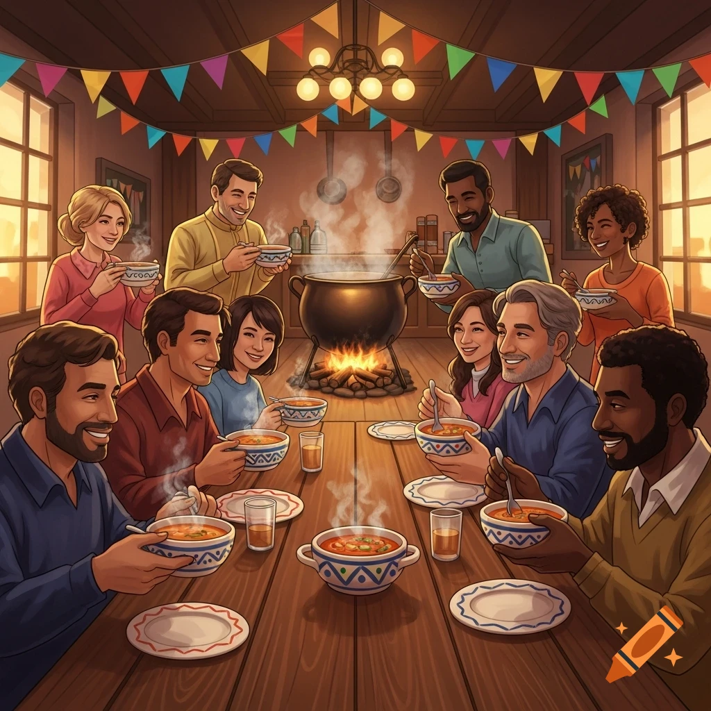 An illustration of a diverse group of people sharing soup around a large wooden table in a festive room with colorful decorations.