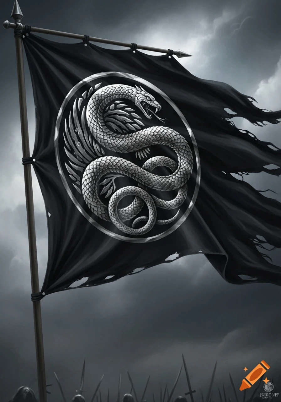 A dark fantasy flag, black and tattered, featuring a detailed silver snake emblem against a stormy sky, with faint silhouettes of soldiers below.