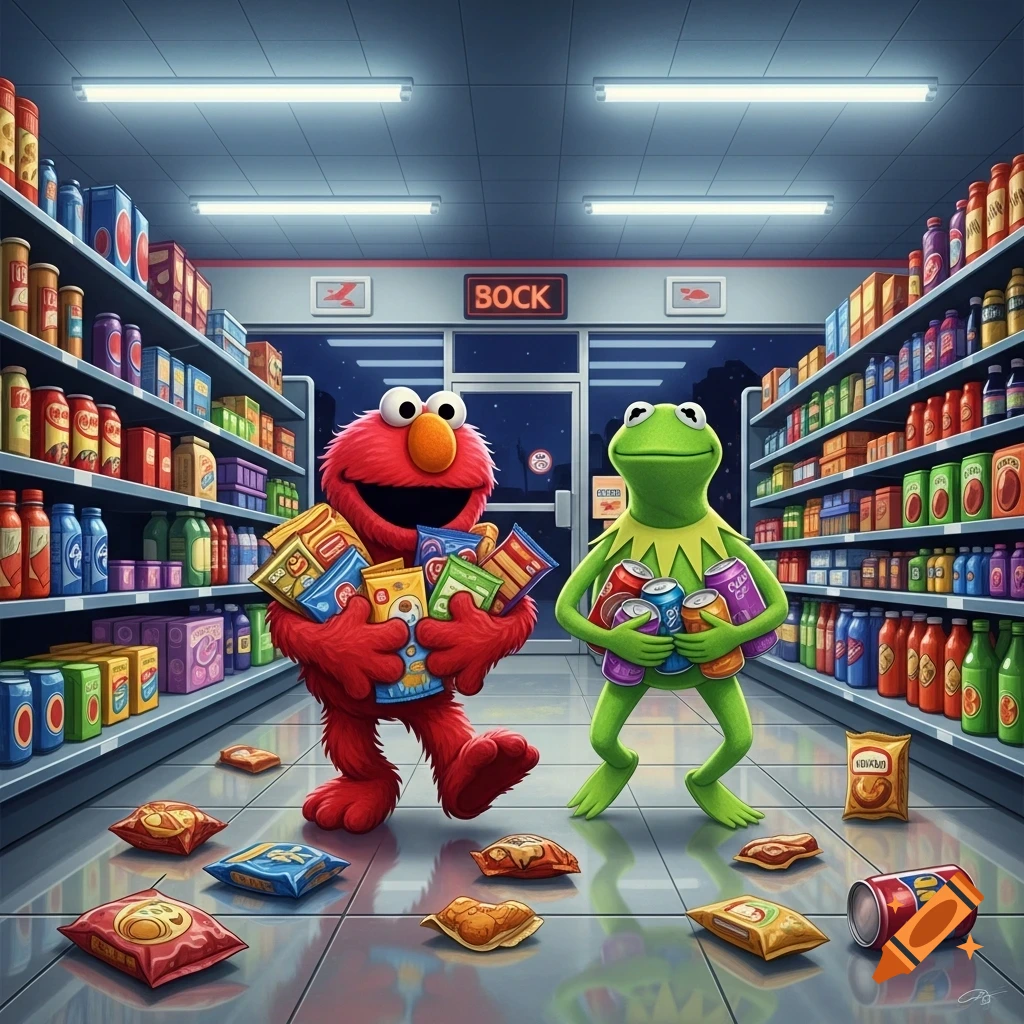 Elmo and Kermit carry snacks and drinks in a grocery store, with spilled items on the floor, in a cartoon style.