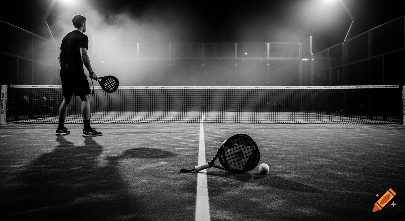 Black and white photo of a padel player from behind, holding a racket on a smoky court at night, with another racket and ball on the ground.