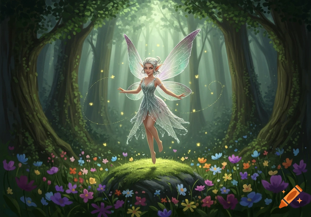 A radiant fairy with translucent wings hovers over a mossy rock in an enchanted forest filled with vibrant flowers and glowing light orbs.