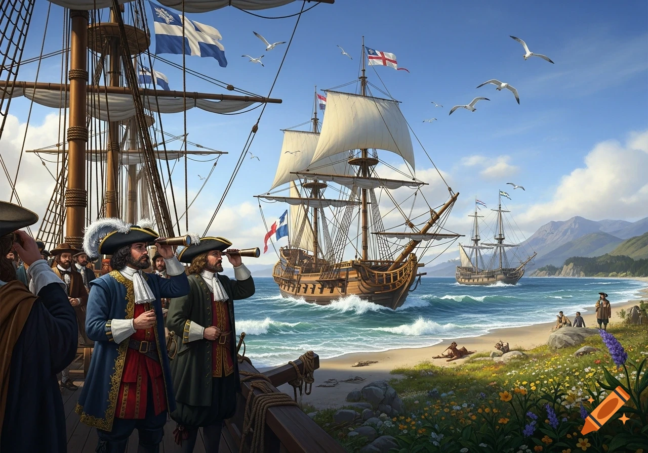 European explorers on large sailing ships arriving at a lush, mountainous coastline, with some looking through telescopes.