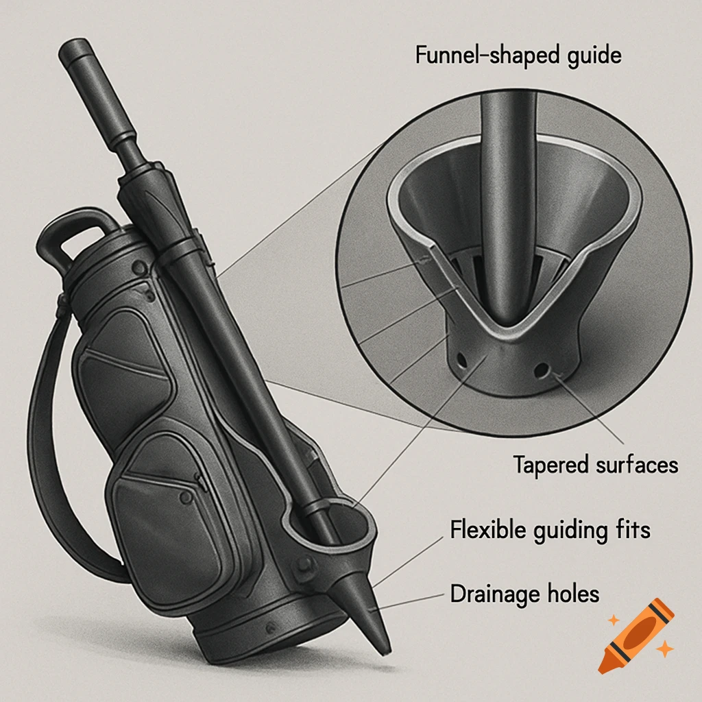 Black and white technical illustration of a golf bag with an umbrella, showing a detailed, labeled diagram of its funnel-shaped guide system.