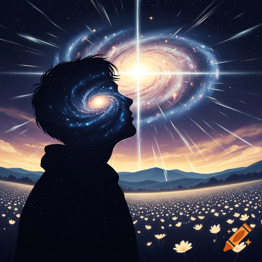 Silhouette of a person with a galaxy inside their head looking up at a vibrant galaxy in a starry night sky over a field of glowing flowers.