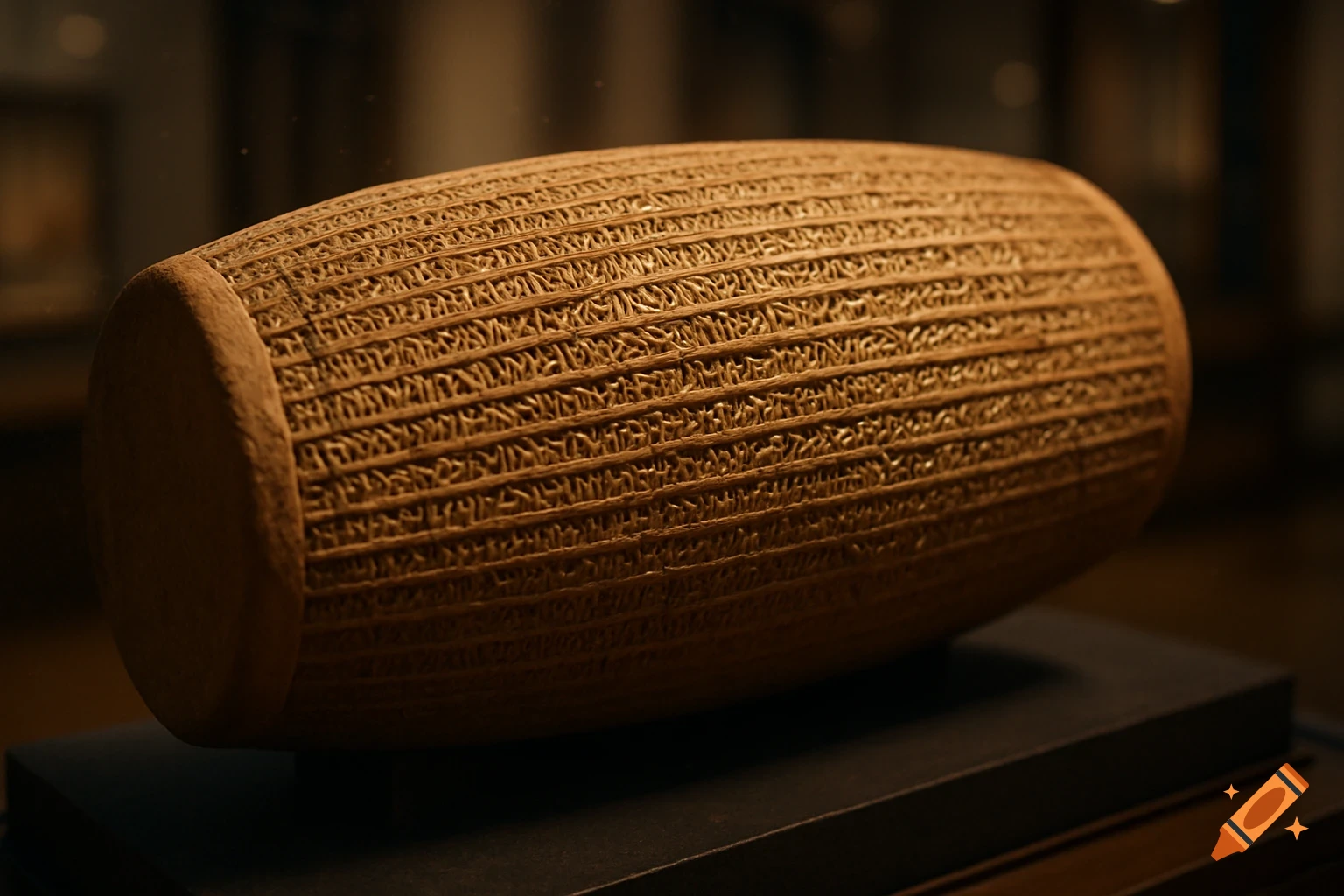 Close-up of a clay cylinder covered in cuneiform script, dimly lit in a museum display.