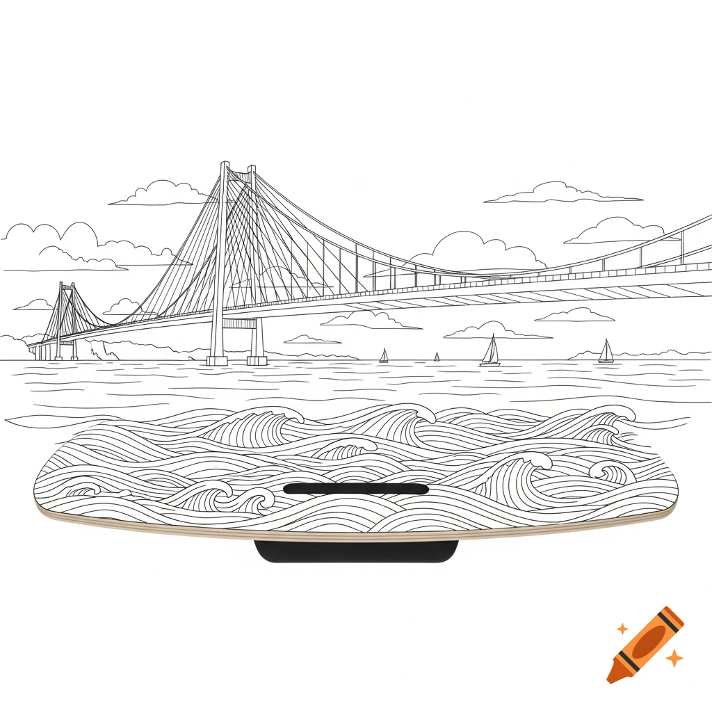 Black and white line art coloring page of a balance board with a wave pattern, featuring a suspension bridge and sailboats on the water.