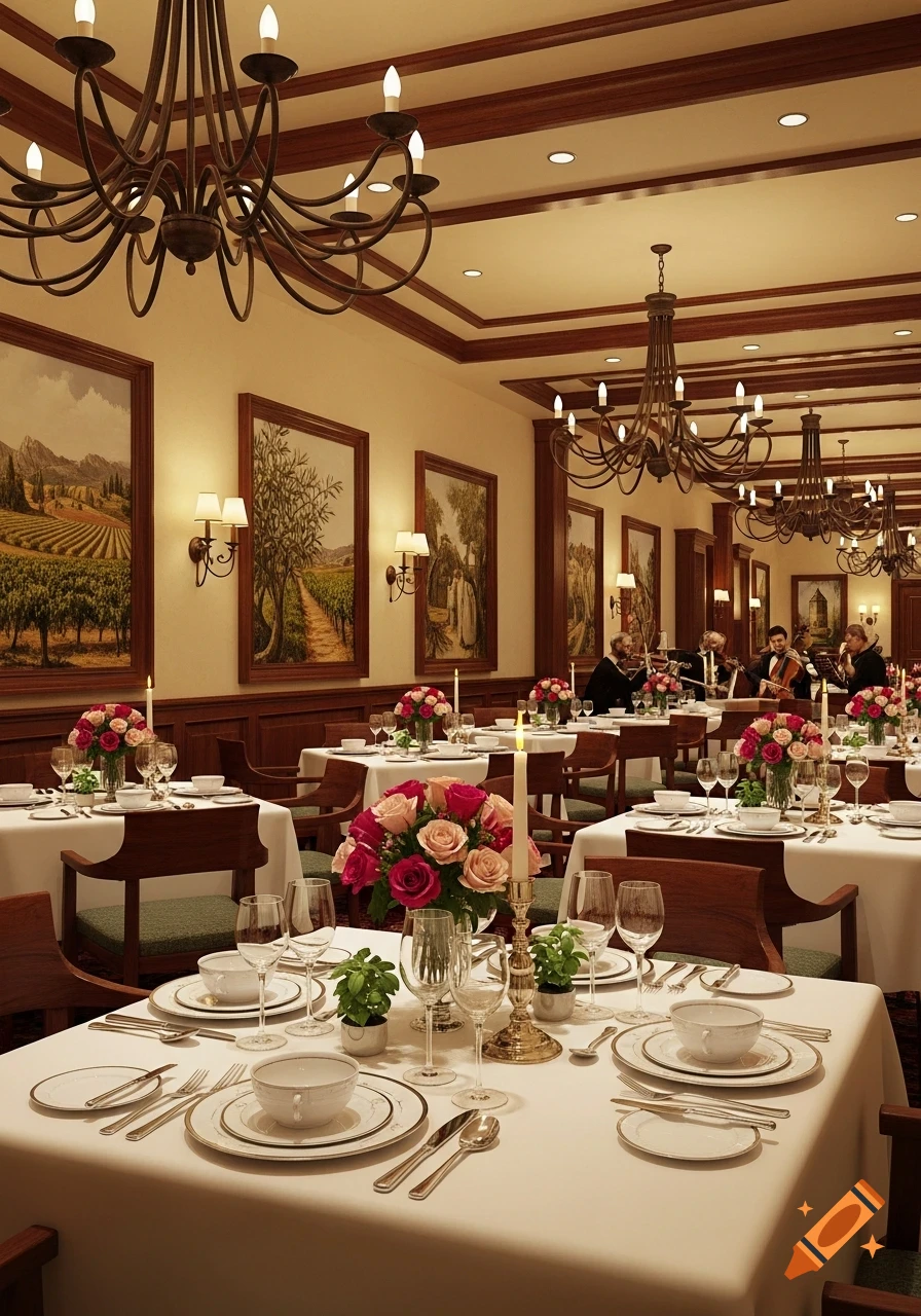 Elegant dining room of a fancy restaurant, featuring set tables, floral centerpieces, lit candles, ornate chandeliers, and musicians in the background.