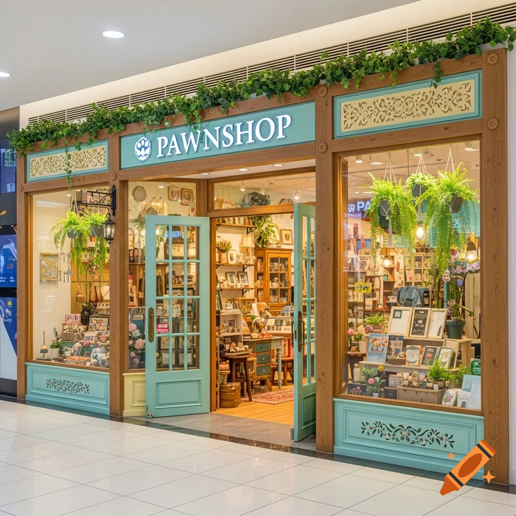 An artsy, cottagecore pawn shop storefront in a mall with teal and yellow accents, wooden frames, and green plants.