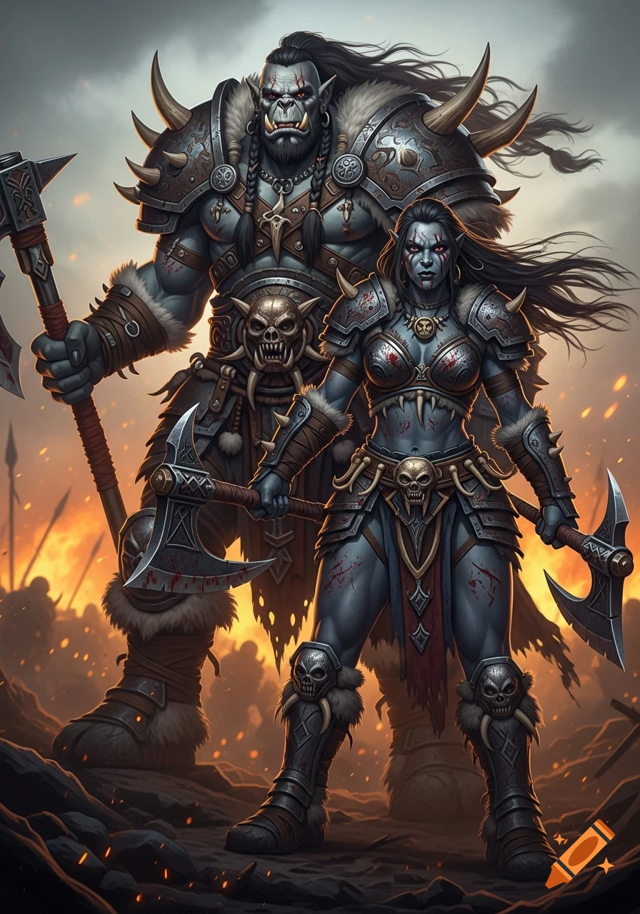 Muscular male and female orc warriors with axes stand on a fiery battlefield in a detailed fantasy art style.