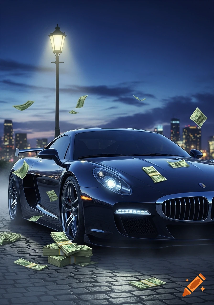 A dark blue luxury sports car is parked on a cobblestone street at night, with money raining down and piled on the ground, against a city skyline.