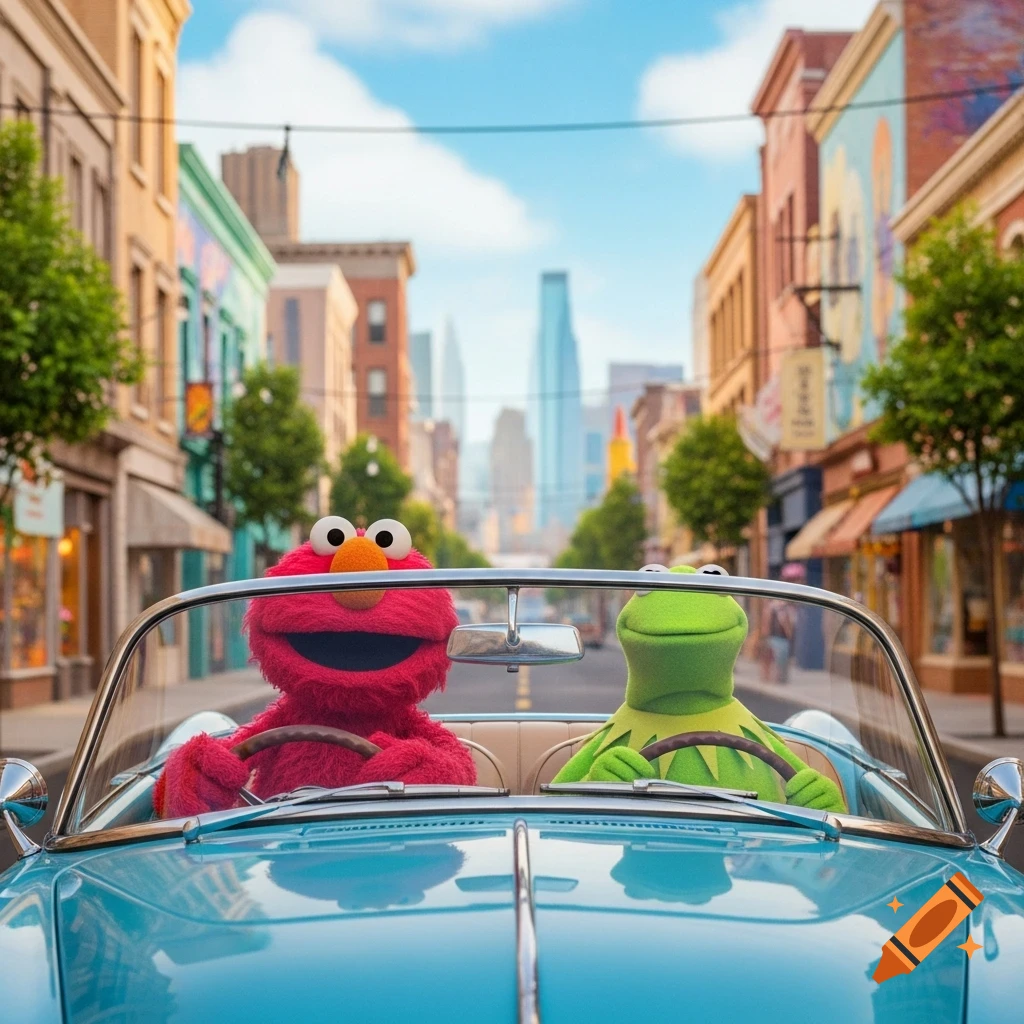 Elmo and Kermit the Frog drive a vintage blue convertible down a sunny city street lined with buildings.