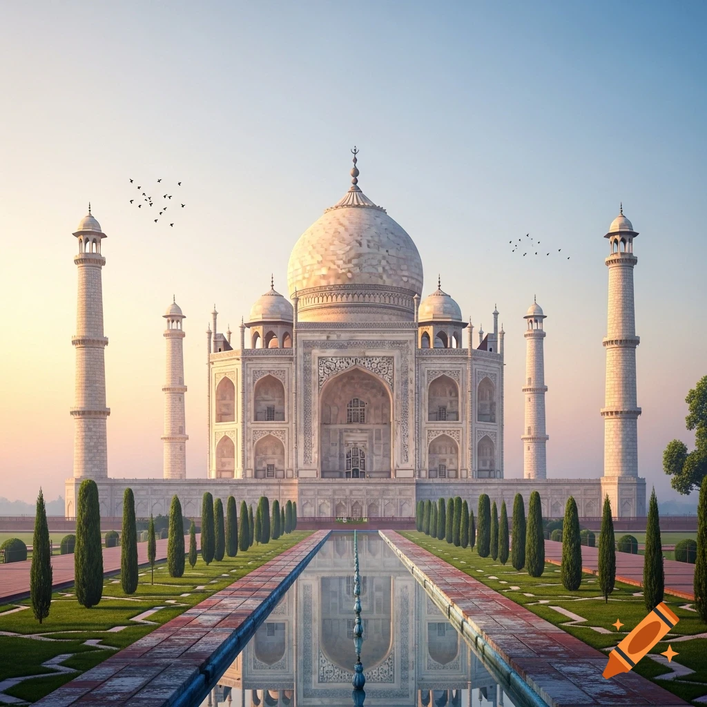 The majestic Taj Mahal at sunrise, reflected in a long pool, with manicured gardens and tall cypress trees.