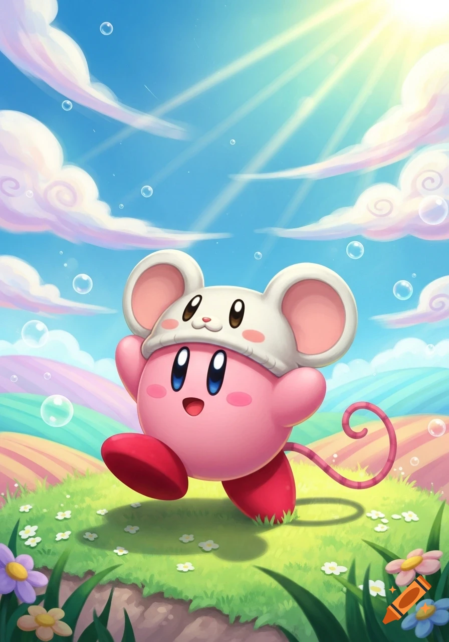 Kirby wearing a white mouse hat stands in a vibrant green field under a sunny blue sky with bubbles.