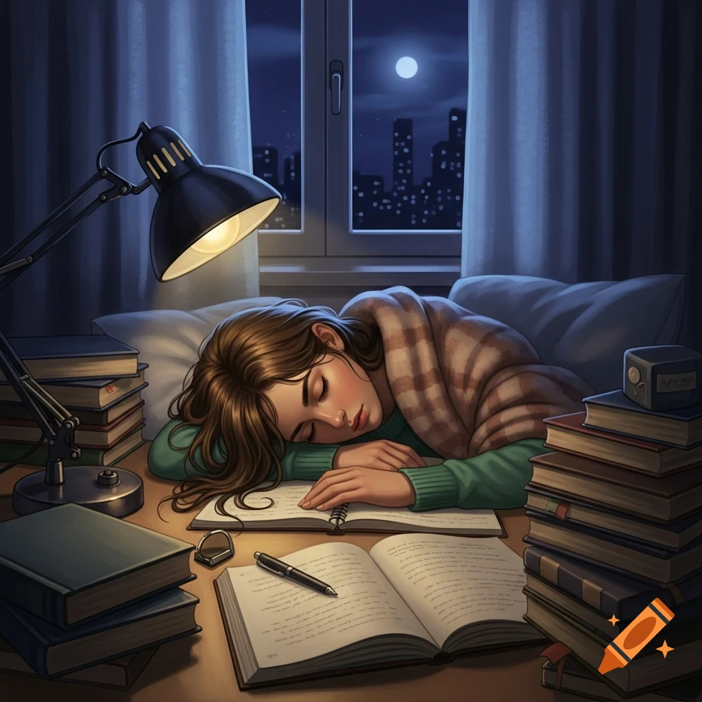 Illustrated image of a female university student sleeping on her desk, surrounded by books and a lit lamp, at night.