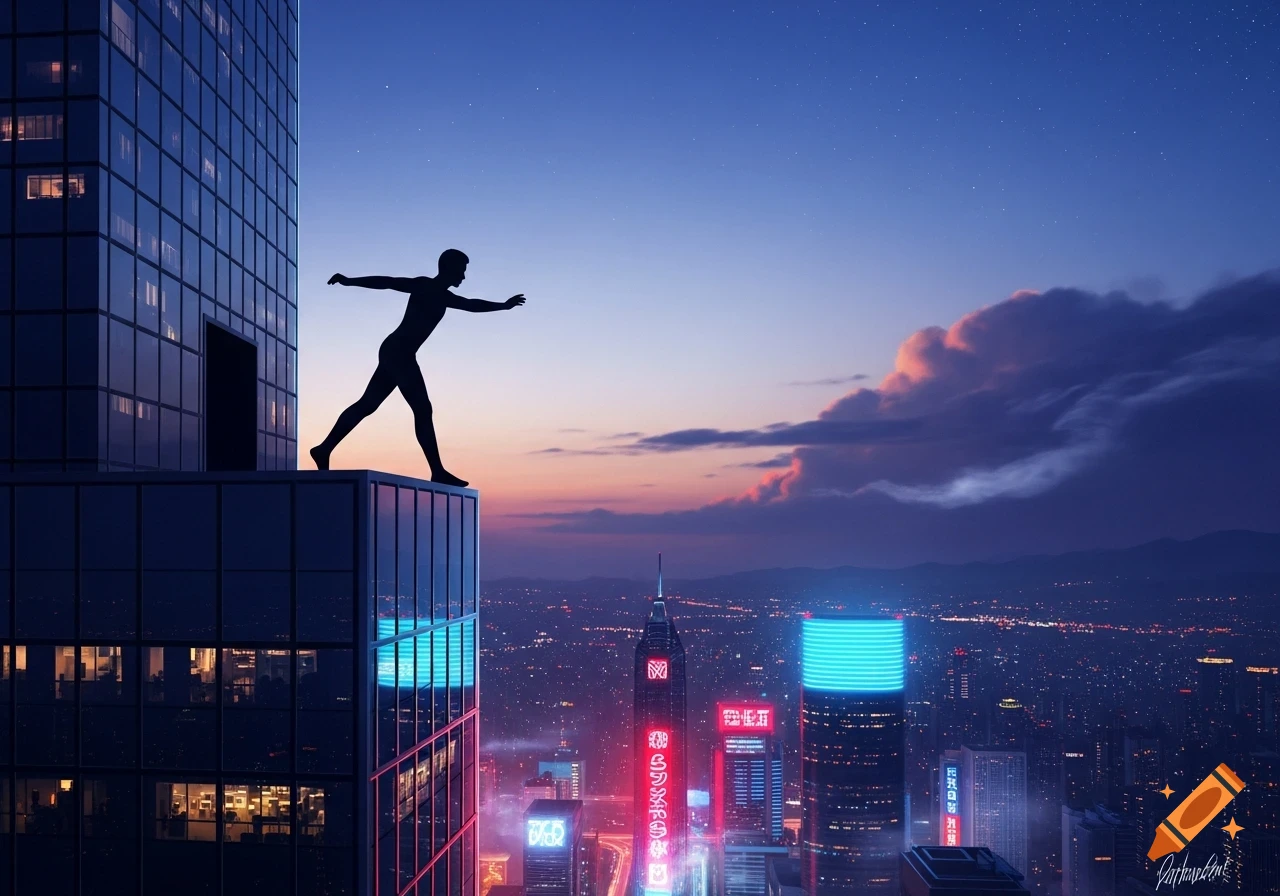 A silhouette of a person on a skyscraper rooftop, poised as if walking sideways, overlooking a neon-lit city at dusk.