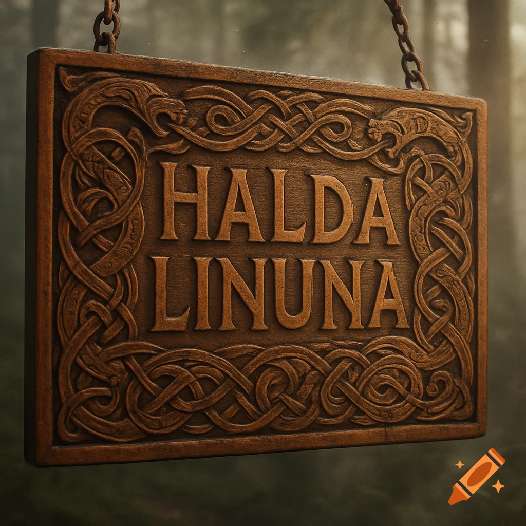 A detailed old Norse style wooden sign with carved Celtic knots and 'HALDA LINUNA', hanging in a misty forest.