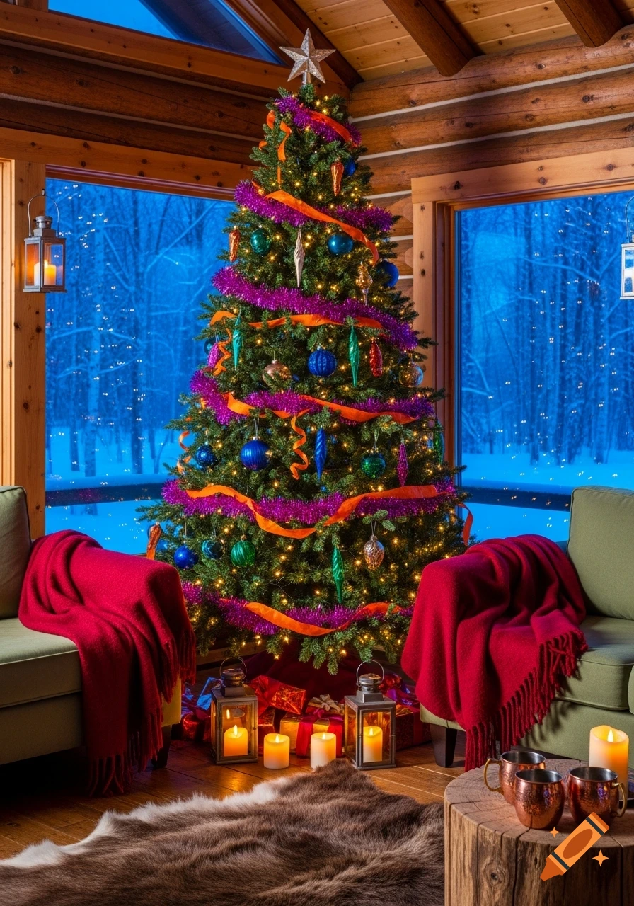 A vibrant Christmas tree in a rustic log cabin, adorned with colorful ornaments, tinsel, and ribbons, overlooking a snowy twilight forest.