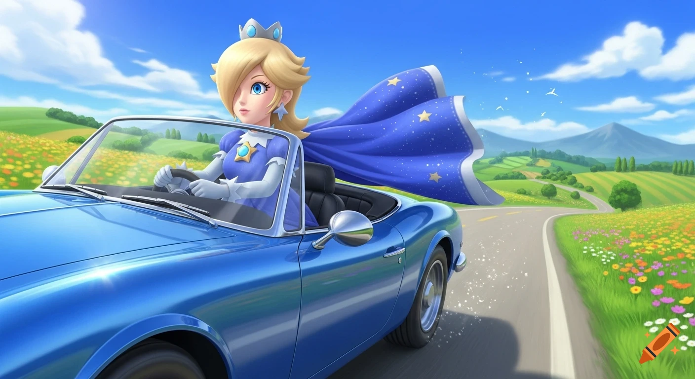 Rosalina from Mario Galaxy drives a blue convertible on a sunny day through a lush, rolling countryside with wildflowers.