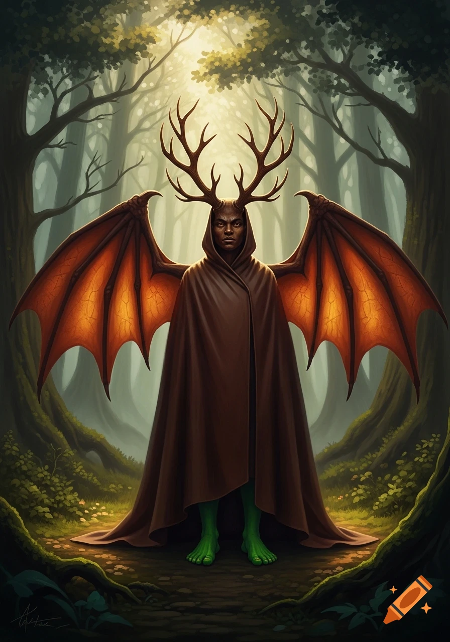 A fantastical hooded figure with antlers and orange dragon wings stands in a sunlit forest, wearing a brown cloak and green bare feet.