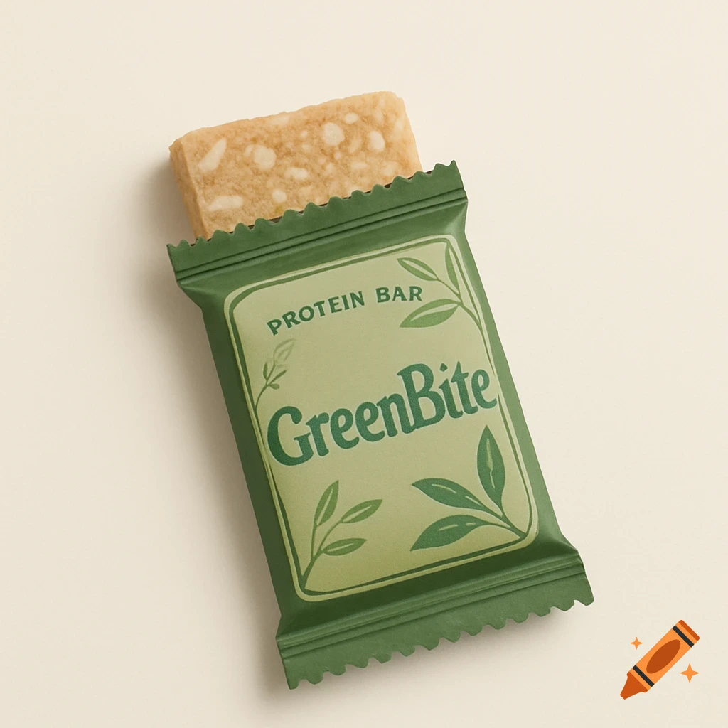 A protein bar in green packaging with "GreenBite" on it, partly unwrapped, showing the oat-based snack inside on a light background.