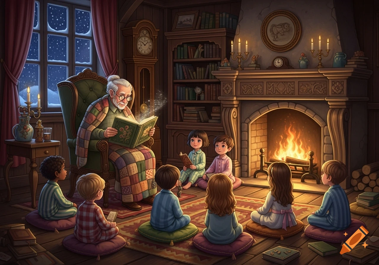 An old man reads a glowing storybook to a group of children sitting on cushions around a warm fireplace on a snowy night.
