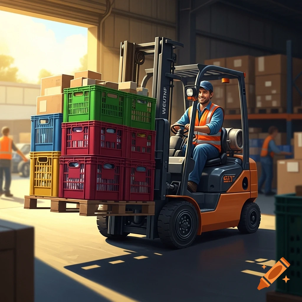 A happy forklift operator in a blue shirt and orange vest drives a forklift loaded with colorful crates in a sunlit warehouse.